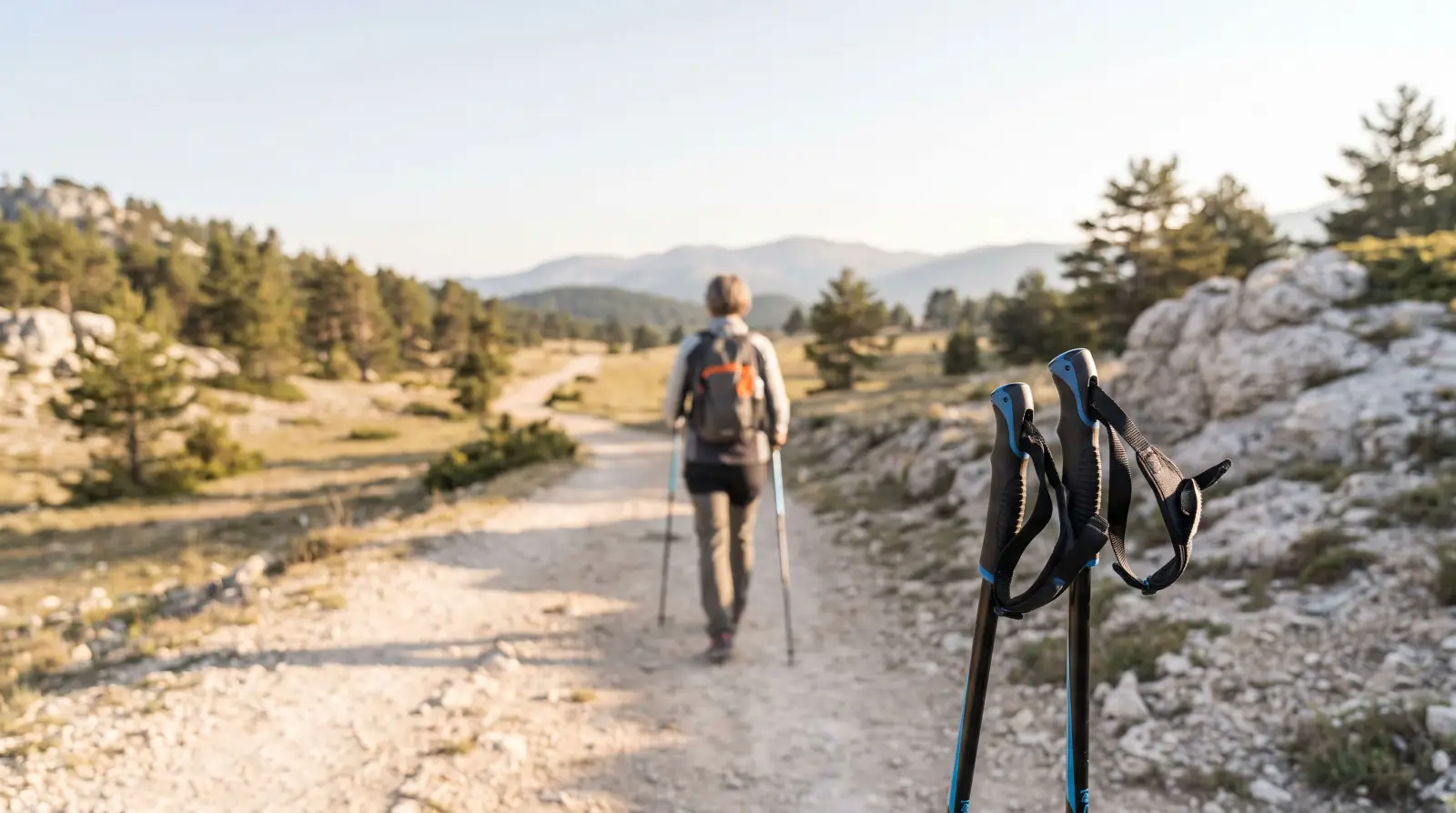 Randonneur utilisant des bâtons de marche nordique en montagne